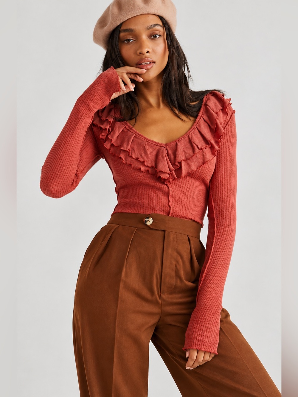 Free People Bennet Ruffled Long Sleeve Terracotta Stretchy Top Blouse Size S